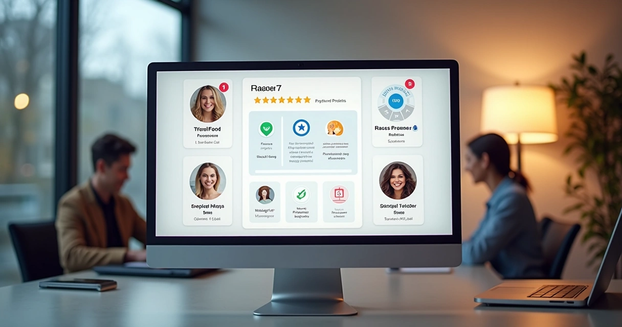 Tela de computador exibindo plataforma digital com perfis verificados, gráficos de avaliações e ícones de segurança 