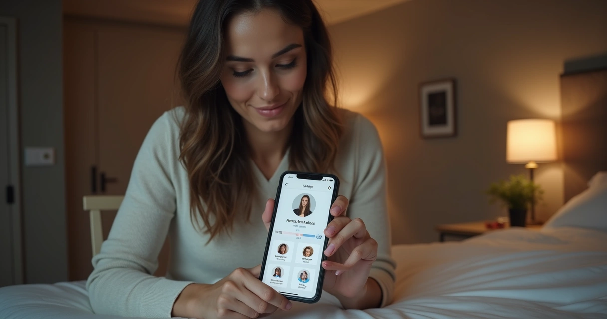Mulher usando smartphone para agendar serviço em plataforma online segura com ambiente moderno e discreto ao fundo 