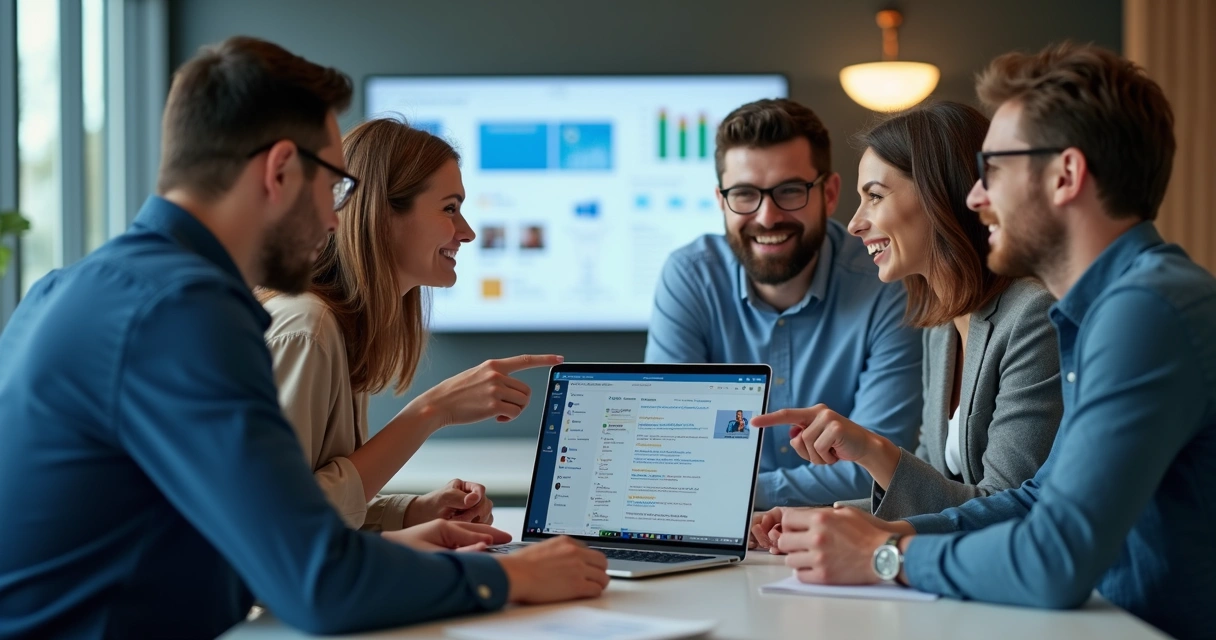 Equipe mostrando uma intranet corporativa no SharePoint em um notebook 