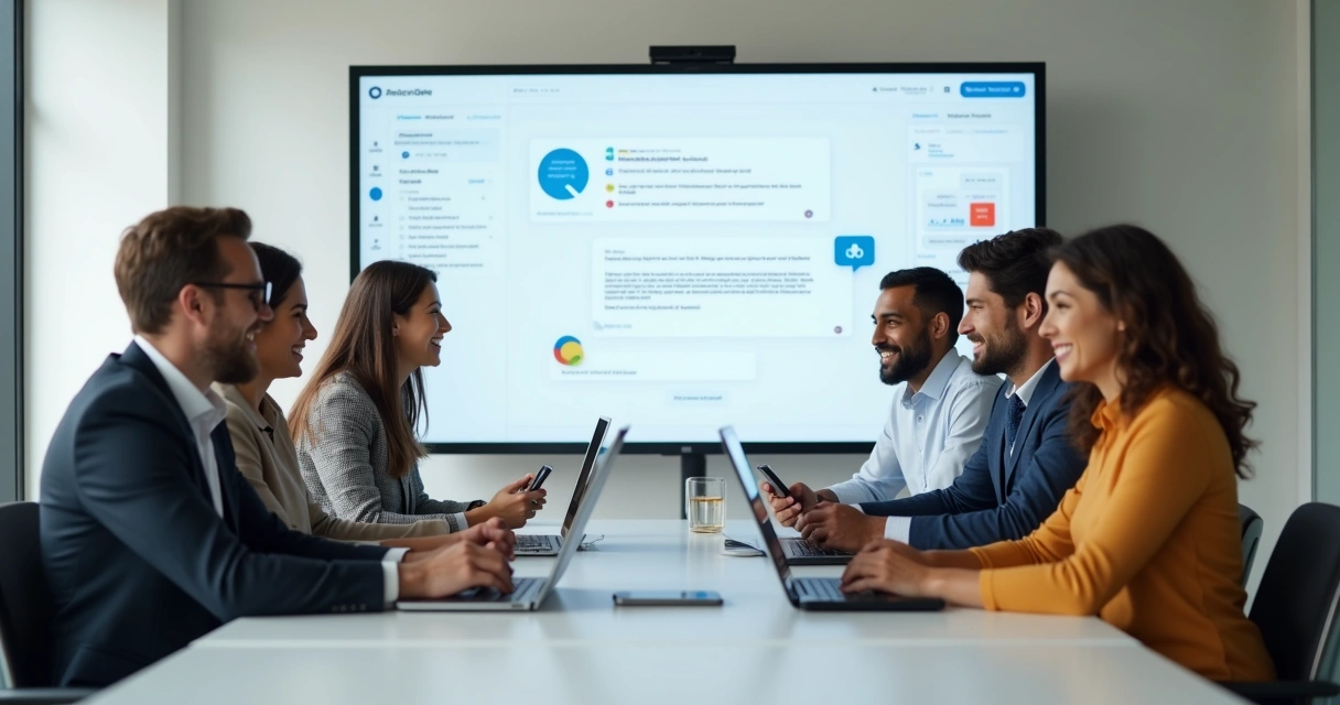 Equipe de vendas utilizando uma plataforma digital simples para atendimento