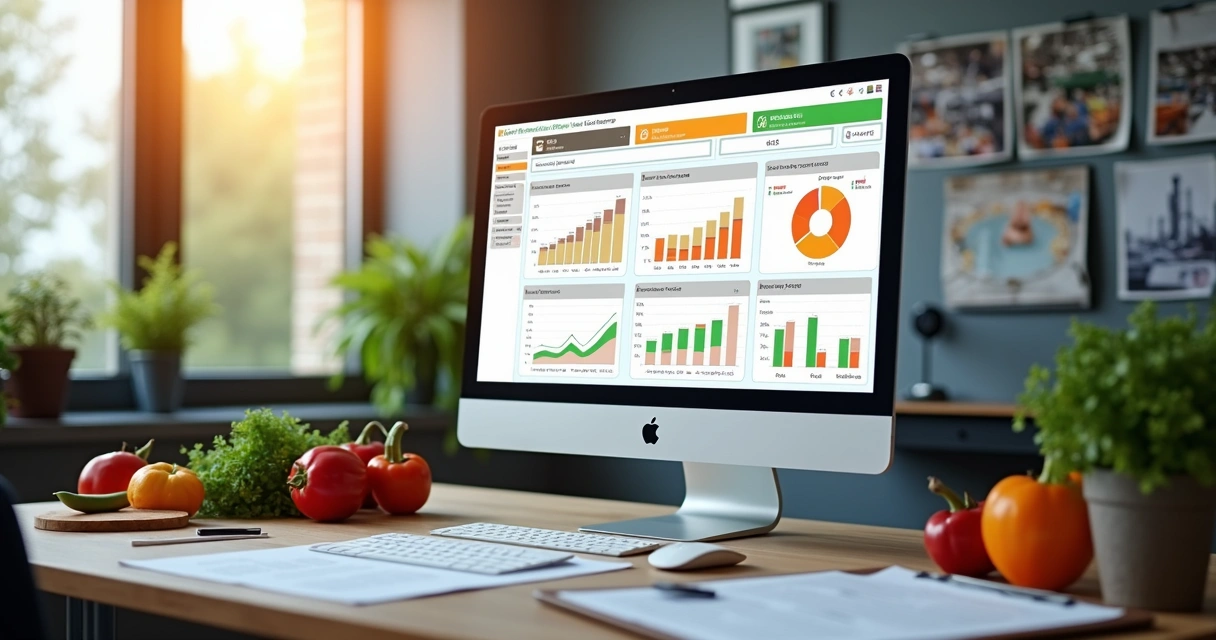 Tela de computador exibindo software SaaS para gestão de segurança e produção alimentícia com gráficos e checklists visíveis 