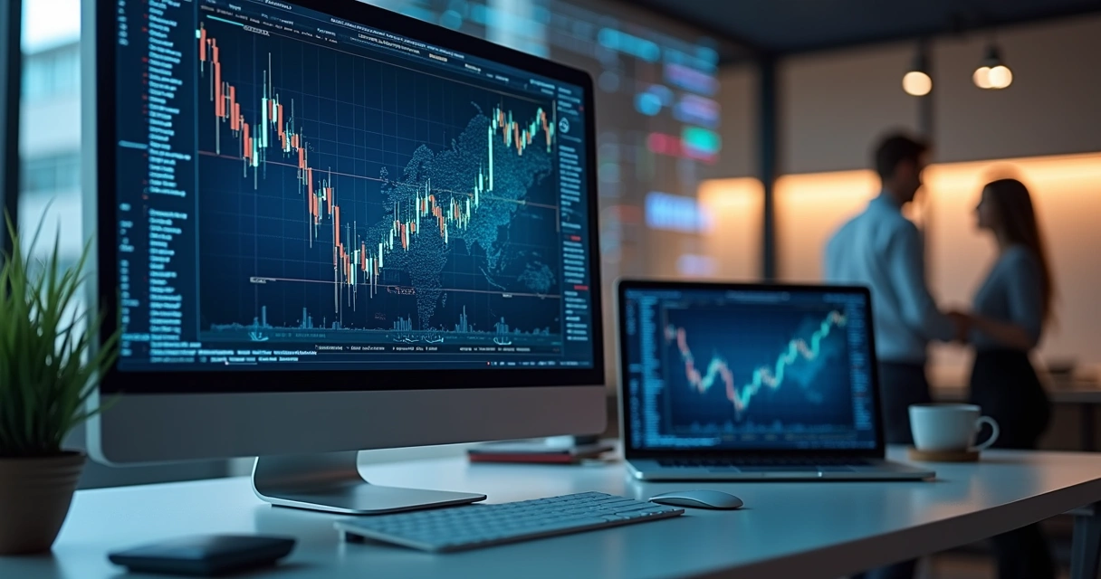 Computador moderno exibindo telas com códigos e gráficos financeiros digitais, representando integração de serviços financeiros via API 