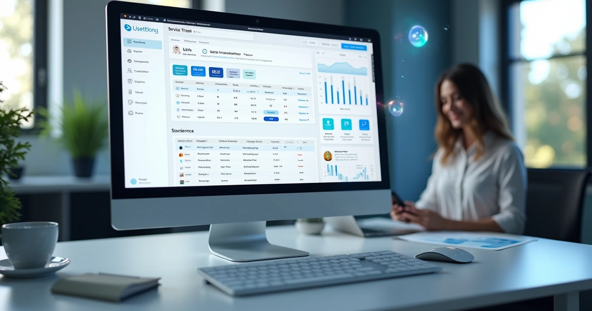 Tela de computador exibindo plataforma digital de gestão para profissionais de bem-estar com gráficos e controle de agenda 