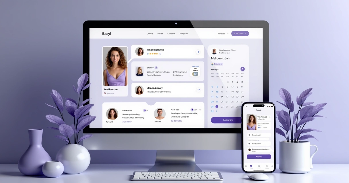Tela de plataforma digital mostrando perfis de terapeutas sensuais com avaliações e agenda. 