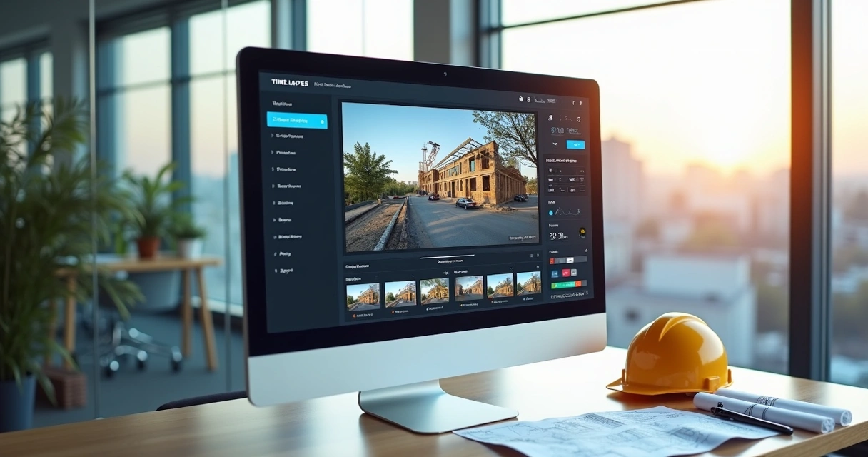 Painel de plataforma online de time-lapse de obras mostrando evolução da construção 