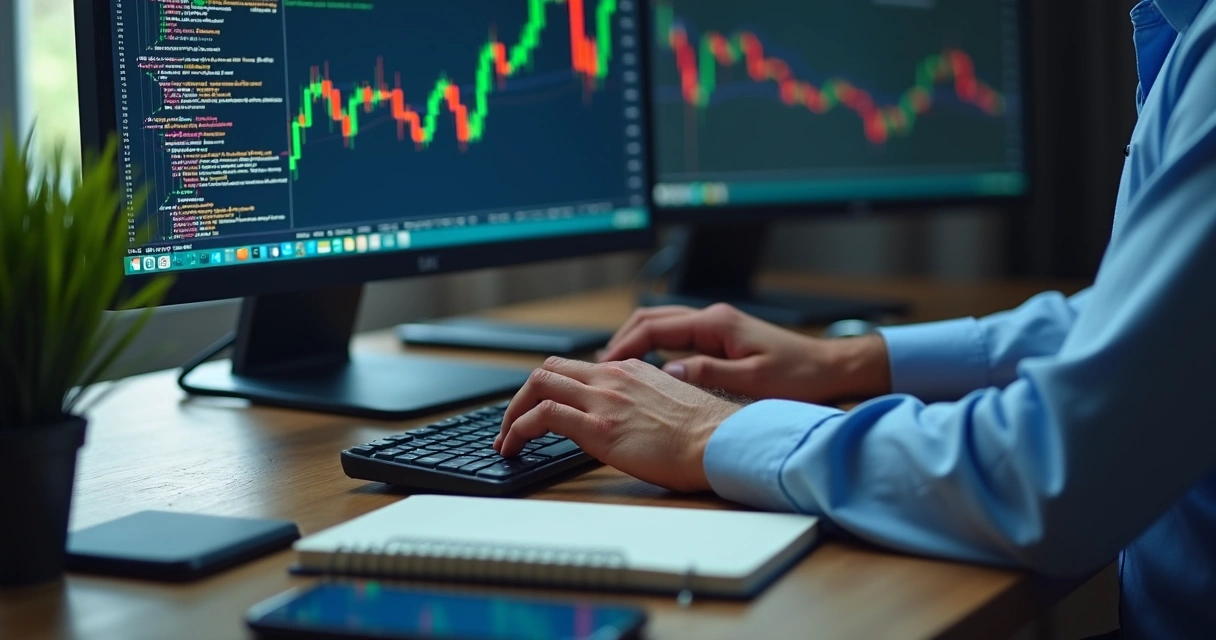 Pessoa programando robô trader em tela com gráficos e comandos 