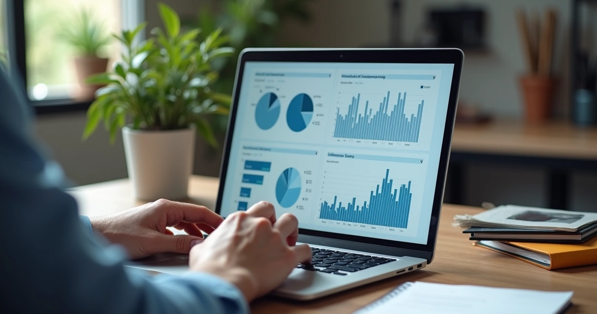 Sistema online com dashboard de franquia sendo operado em notebook 