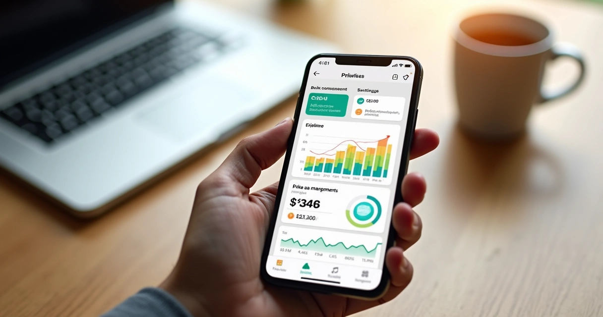 Tela de um aplicativo financeiro mostrando várias contas bancárias conectadas e gráficos detalhados de gastos e investimentos 