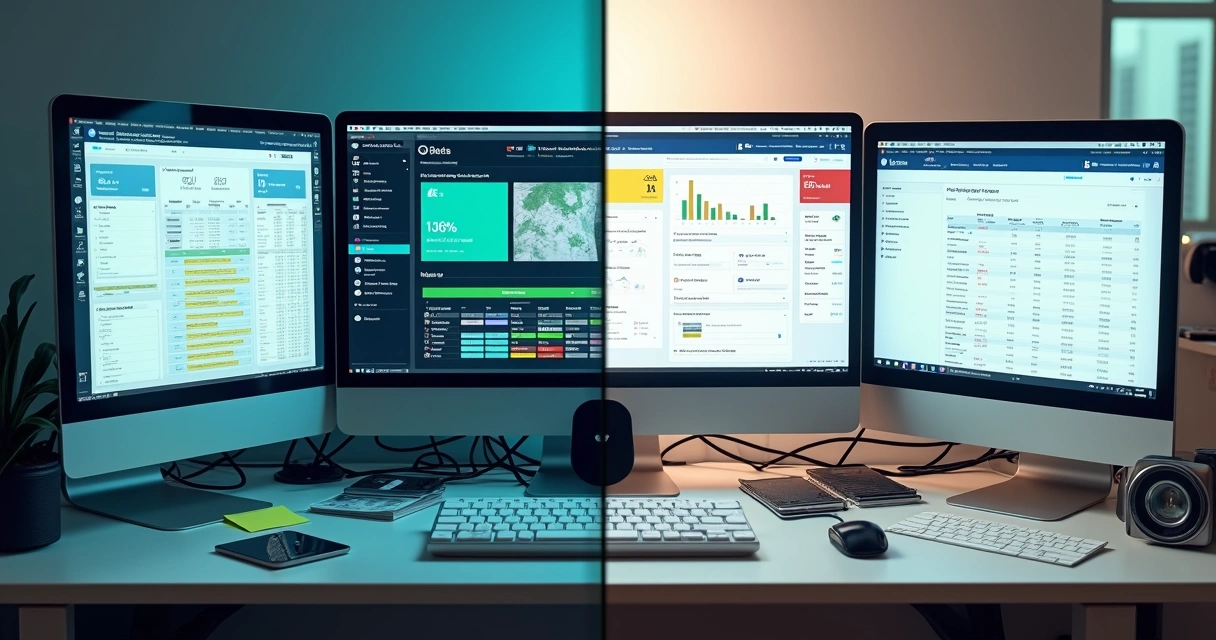Comparação visual entre plataforma unificada e múltiplos sistemas em um painel financeiro 