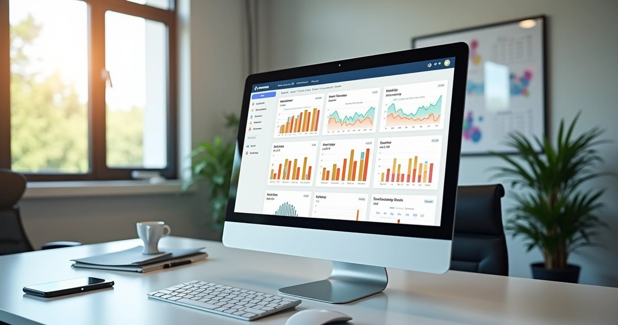 Tela de computador exibindo dashboard de plataforma de vendas B2B com gráficos e dados detalhados 
