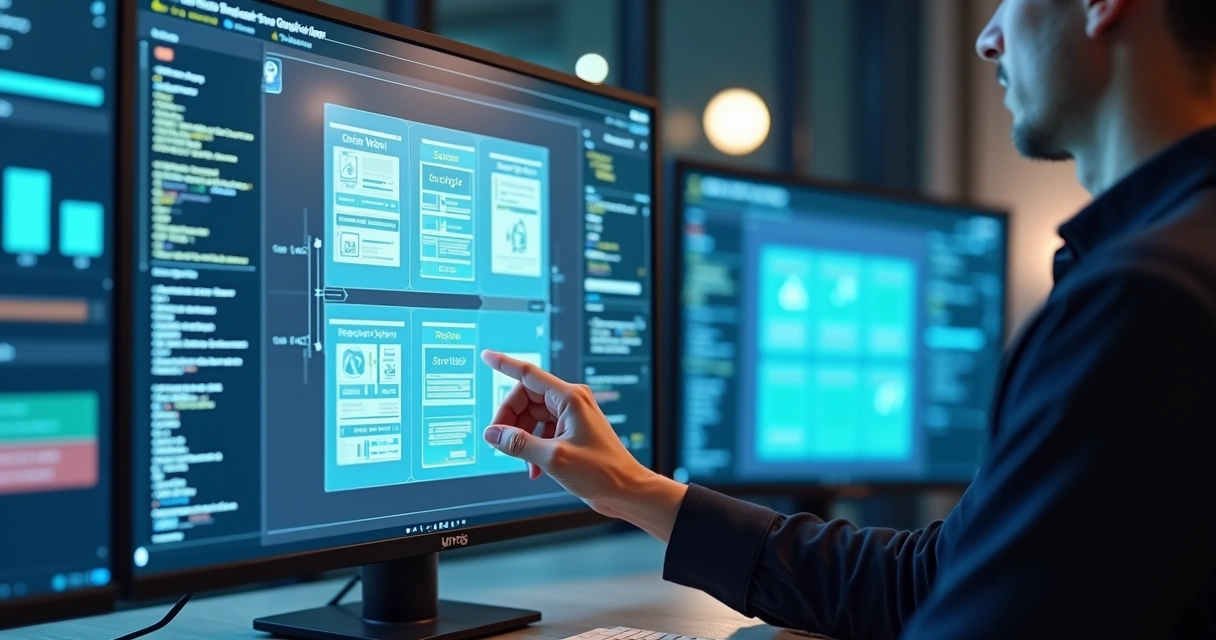 Visão realista de um desenvolvedor usando plataforma W8 Hub para publicar um aplicativo, com interface digital clara exibindo códigos, telas de app e gráficos de progresso 