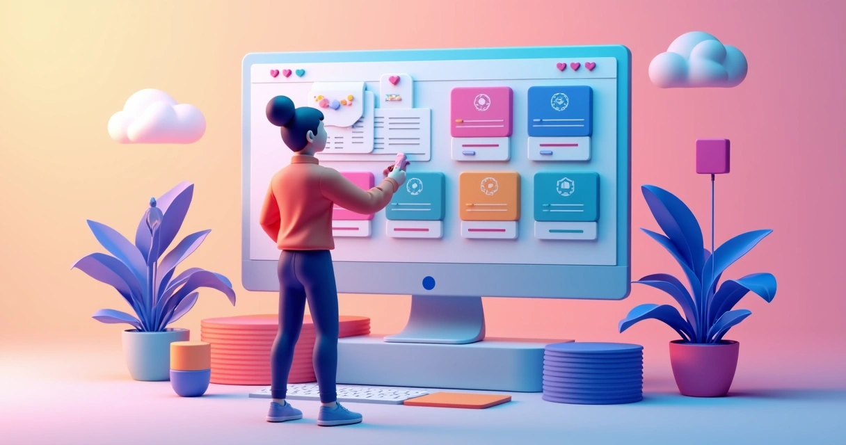 Ilustração de uma plataforma de apps white label com módulos personalizáveis, em cores vibrantes 