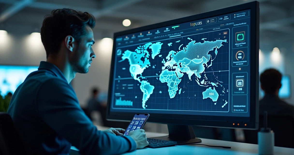 Interface digital moderna com dashboard de banco digital white label em tela de computador e dispositivos móveis 