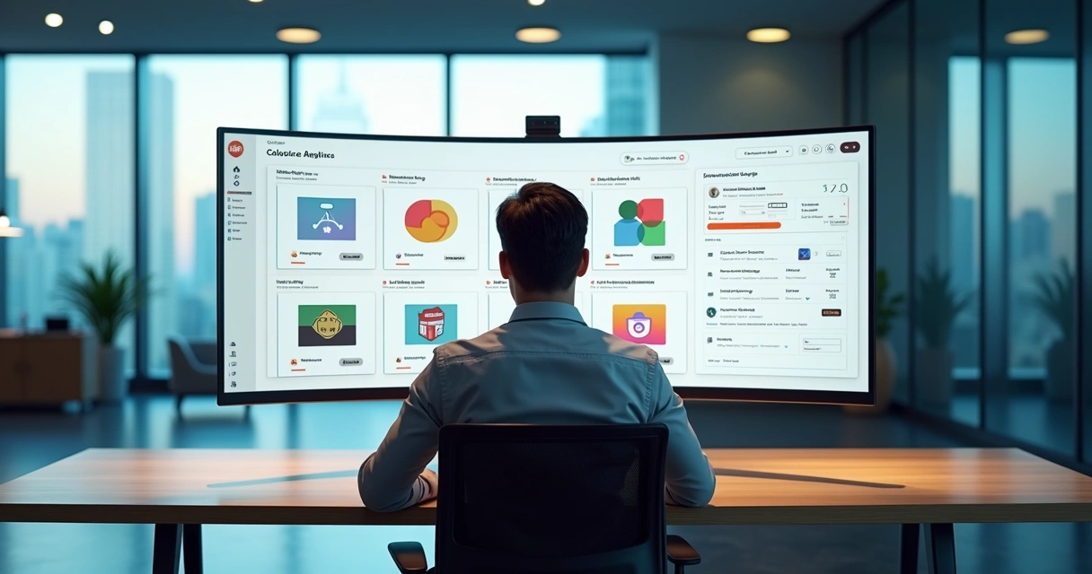 Executivo avaliando plataforma white label em tela com múltiplos logotipos 