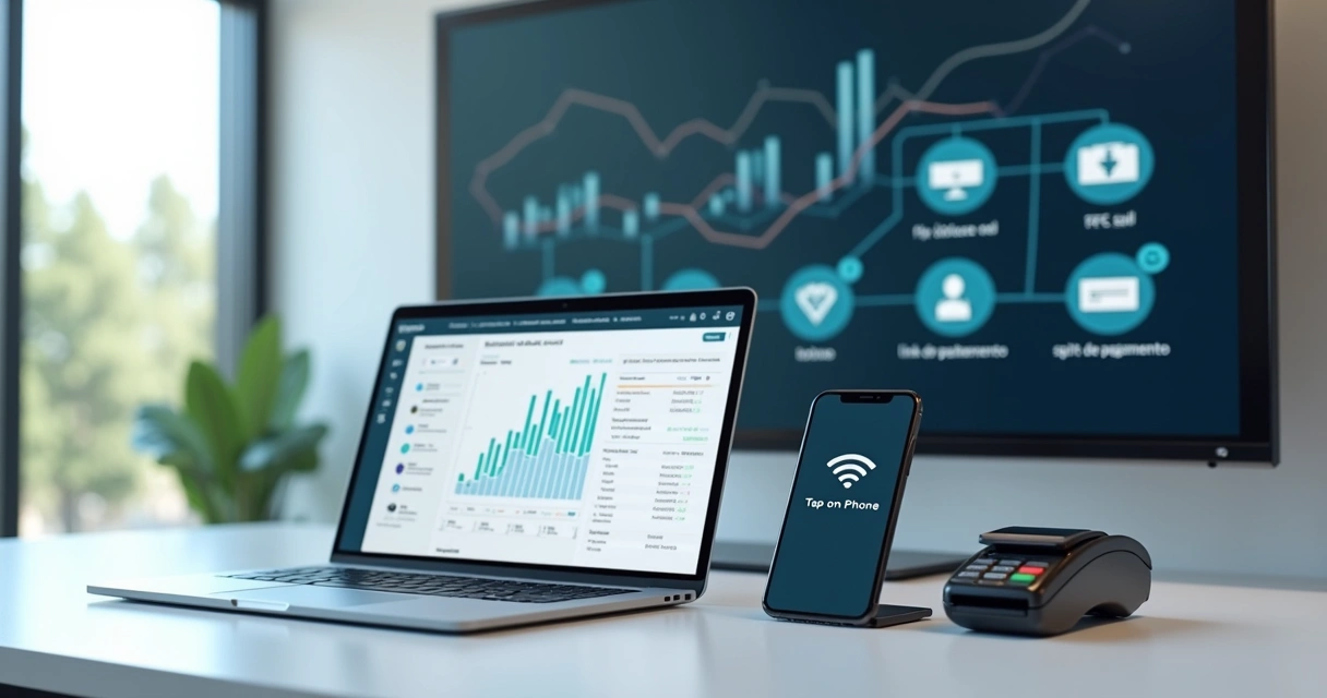 Dashboard de plataforma white label de pagamentos com maquininhas e app mobile em destaque 