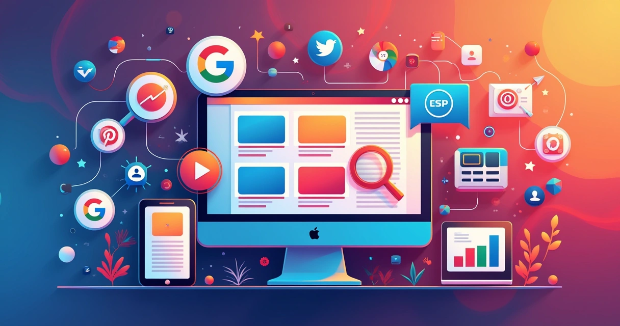 Ícones de diferentes plataformas digitais de anúncio em fundo colorido 