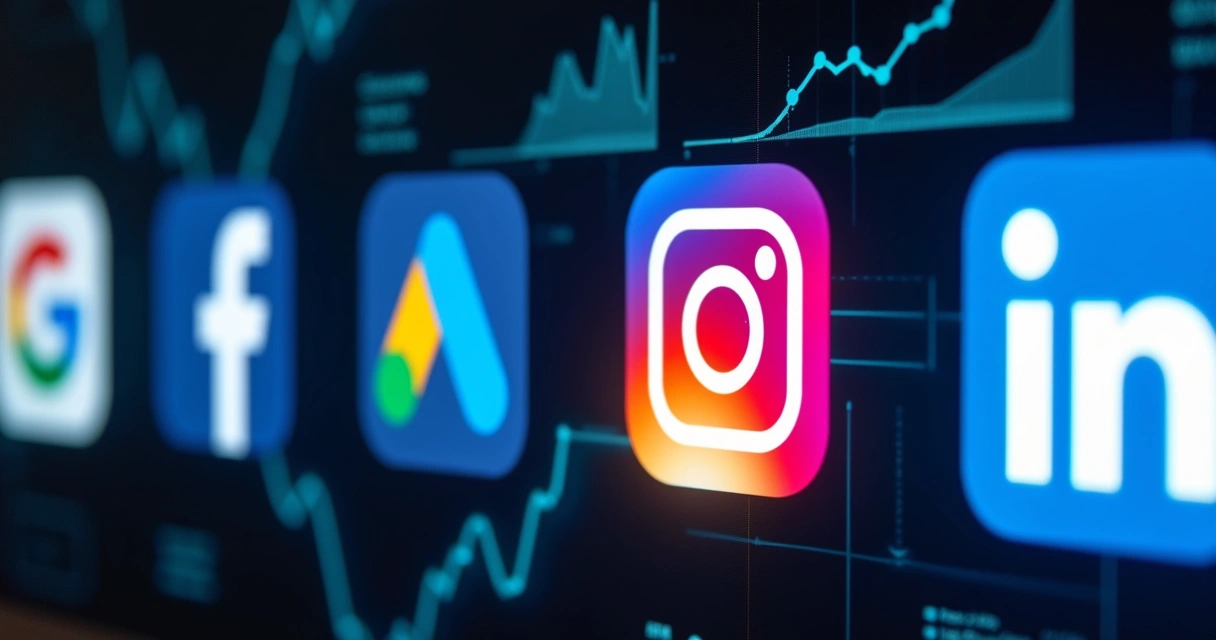 Ícones do Google Ads, Facebook, Instagram e LinkedIn juntos em tela digital 