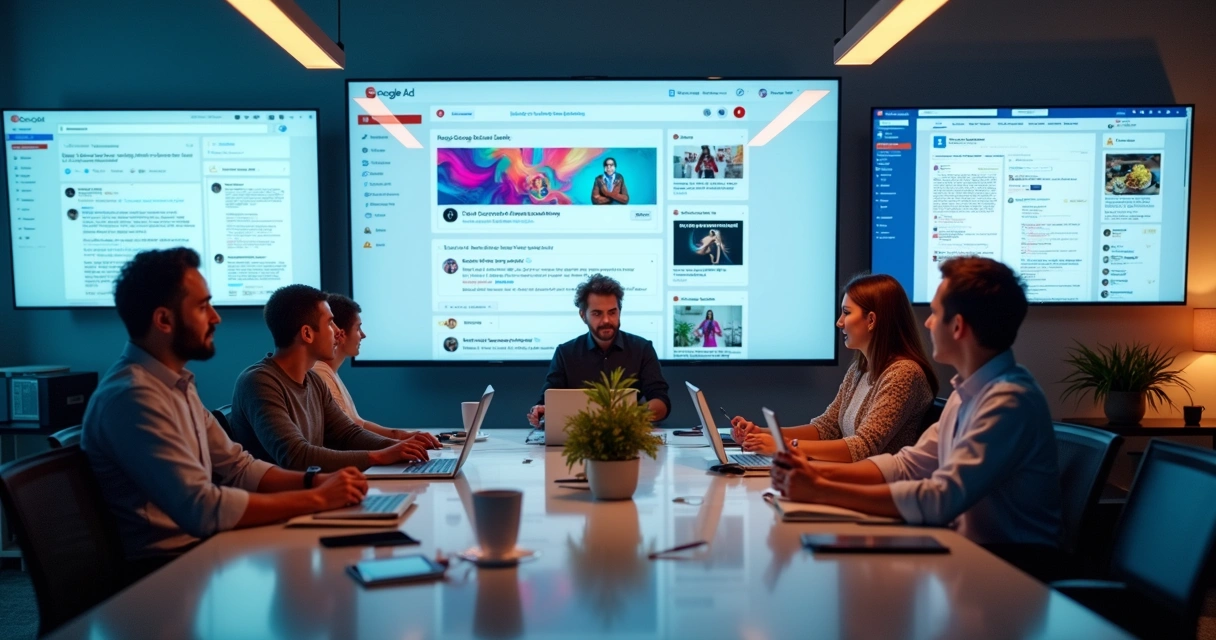 Ilustrações de diferentes telas de computador mostrando anúncios em buscadores e redes sociais