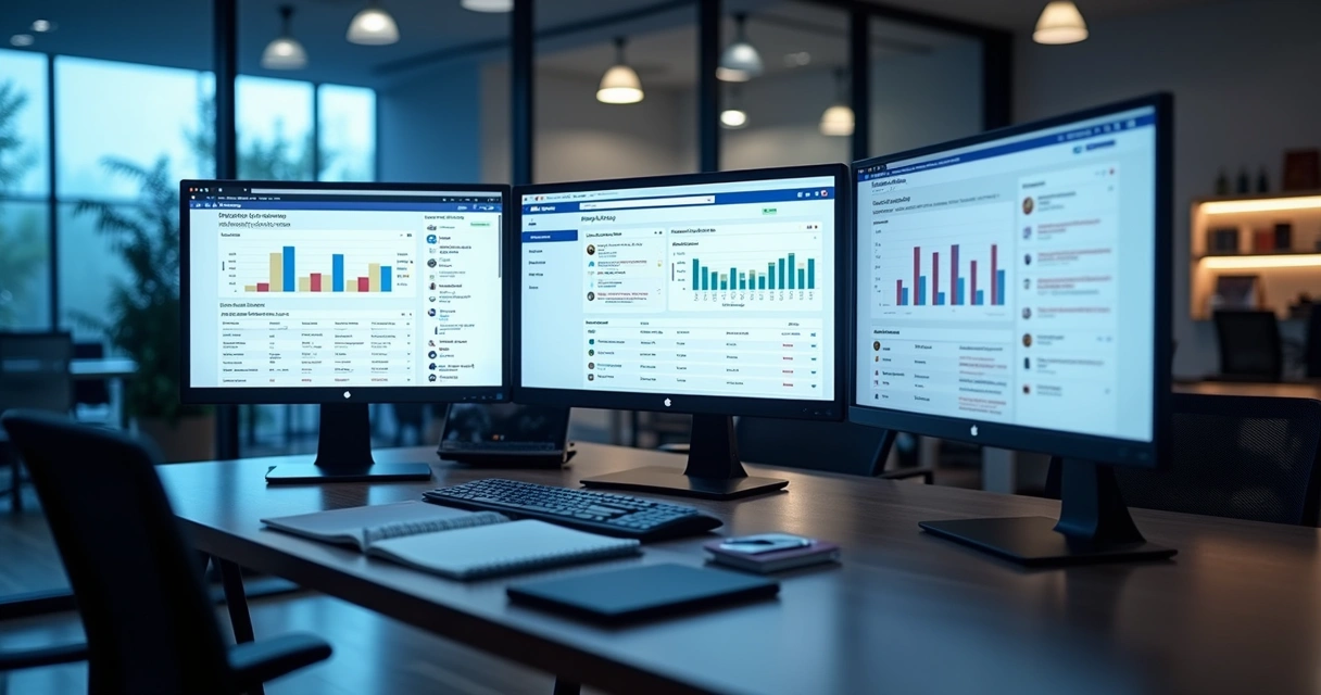 Tela de um computador mostrando dashboards de Google Ads, Facebook Ads e YouTube Ads lado a lado. 