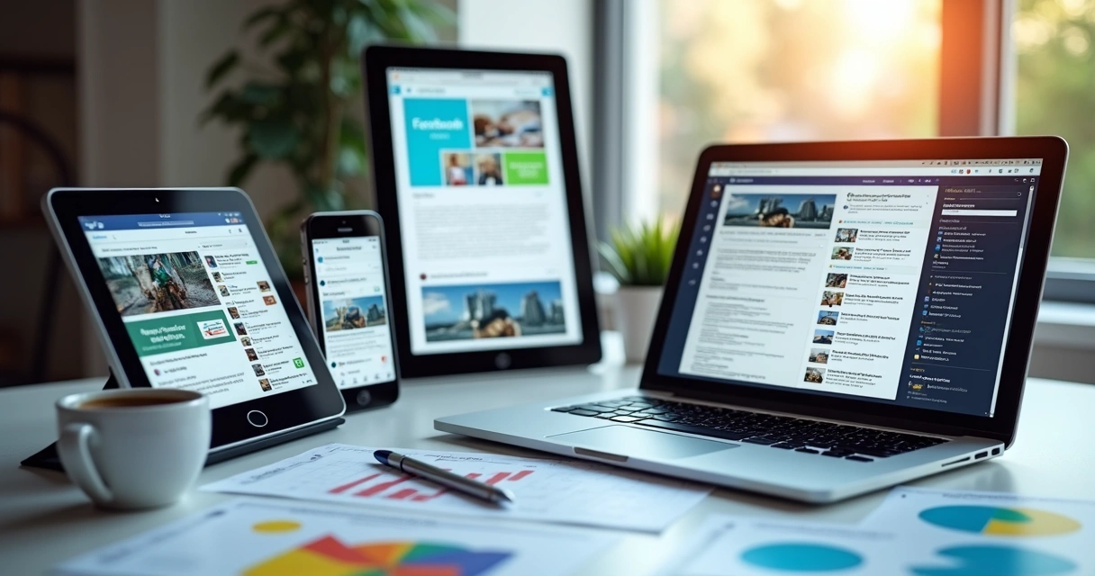 Vários dispositivos exibindo telas de anúncios em plataformas digitais 