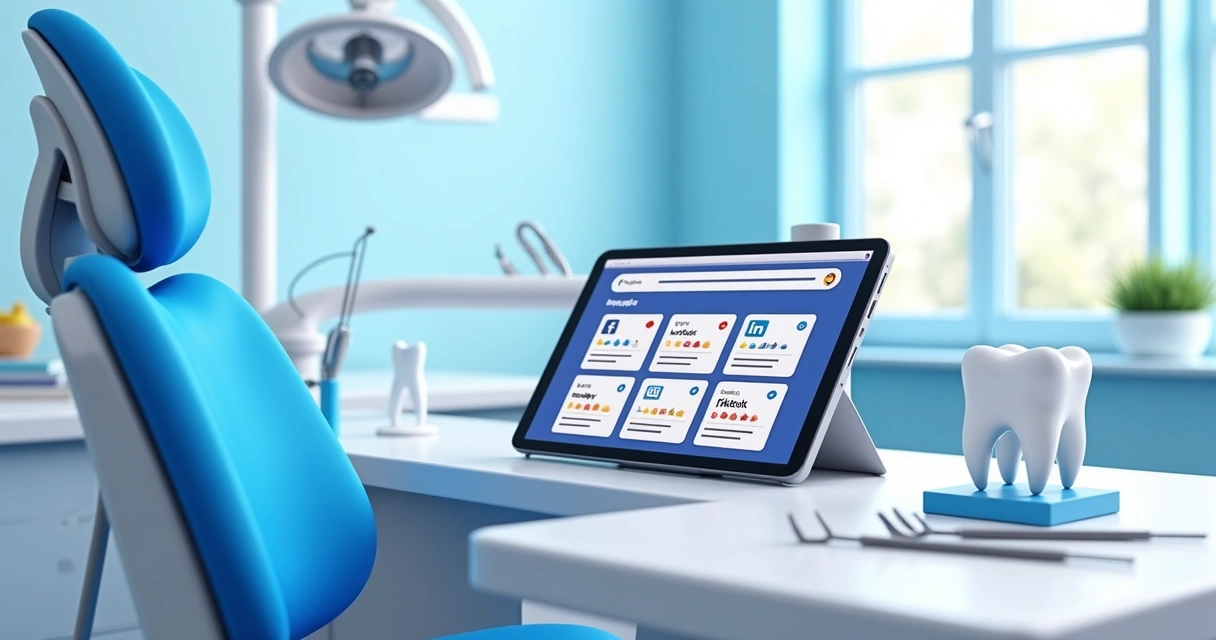 Diversas plataformas digitais representadas na tela de um tablet junto à materiais odontológicos 