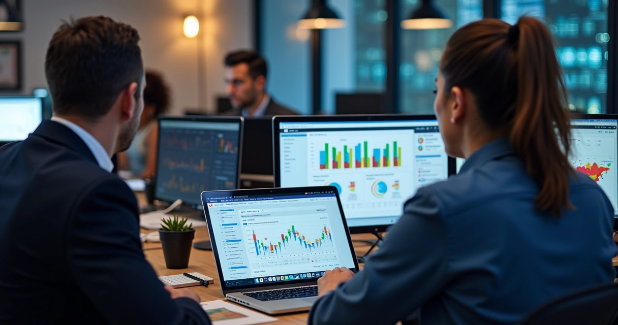 Pessoas analisando anúncios online em computadores 