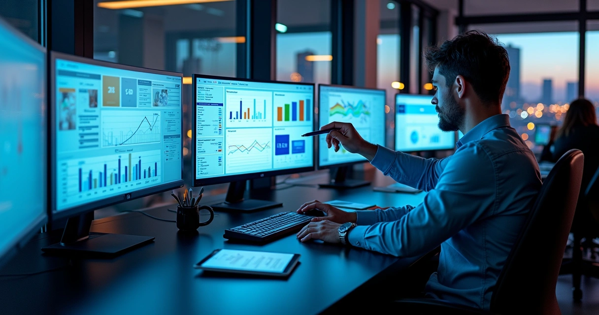 Profissional analisando painel de campanhas de anúncios online em tela grande com gráficos coloridos 