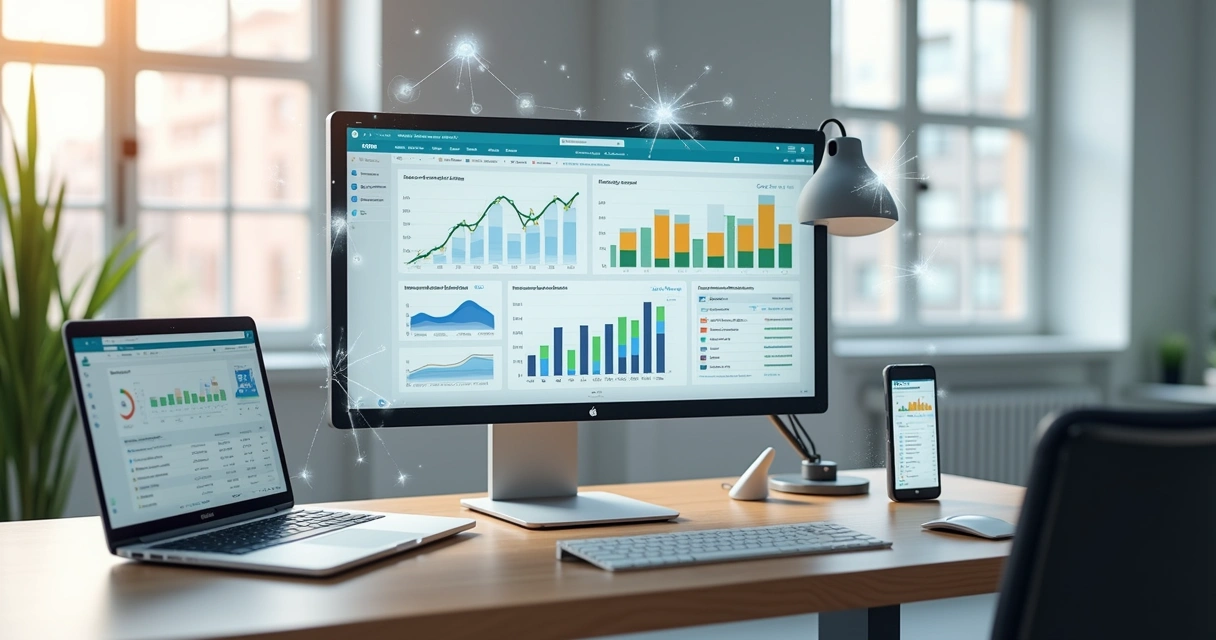 Tela de computador com painel de anúncios online e gráficos de desempenho 