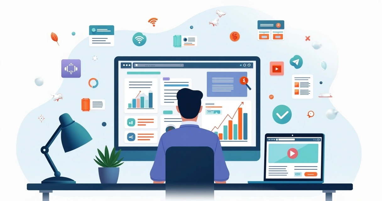 Dashboard com múltiplas plataformas de anúncios online conectadas a gráficos de desempenho 