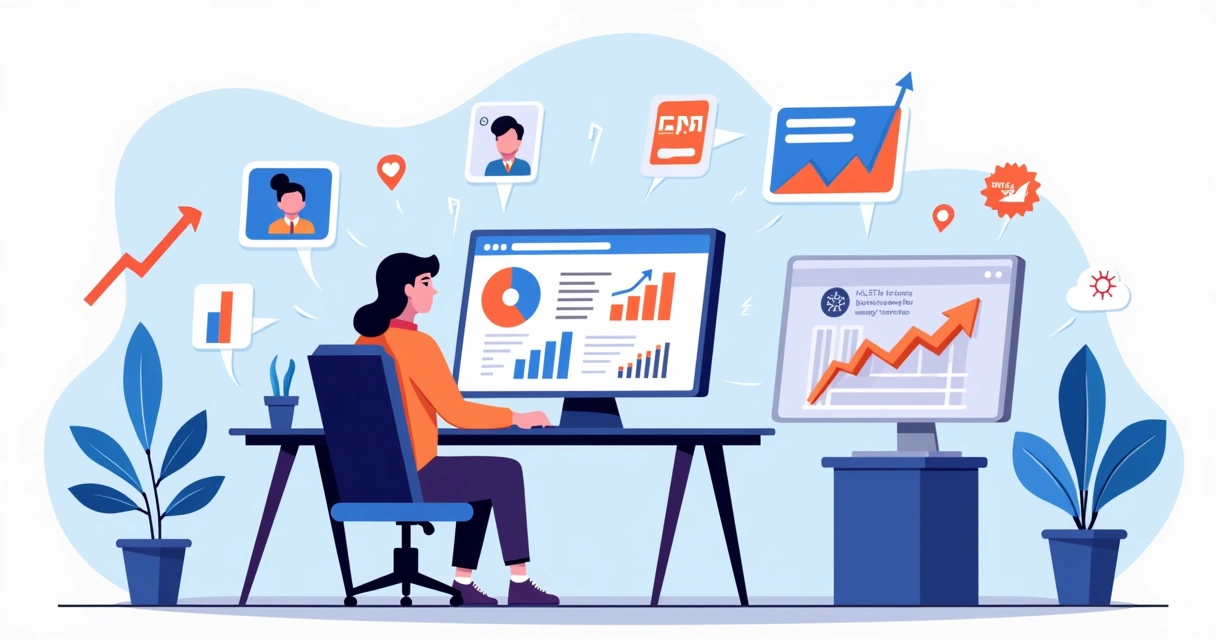 Ilustração de profissional analisando várias plataformas de anúncios online no computador 