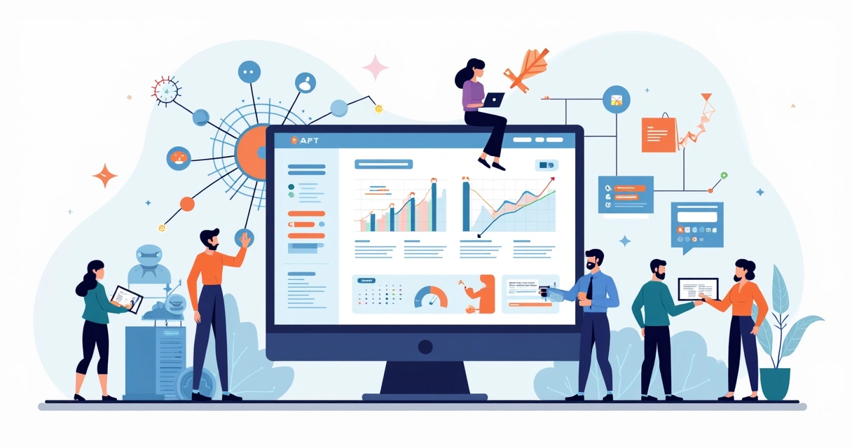 Ilustração de painel de blog com IA, SEO e automação para negócios digitais 