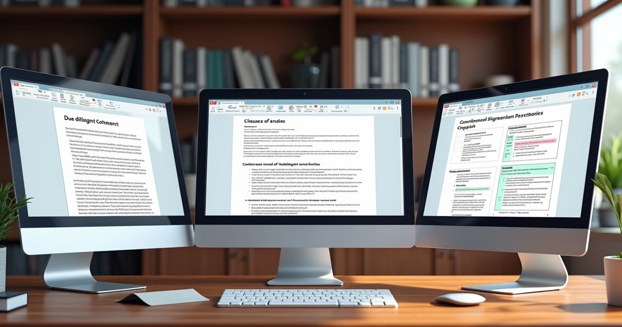 Plataformas com telas de contratos jurídicos exibidas em monitores 