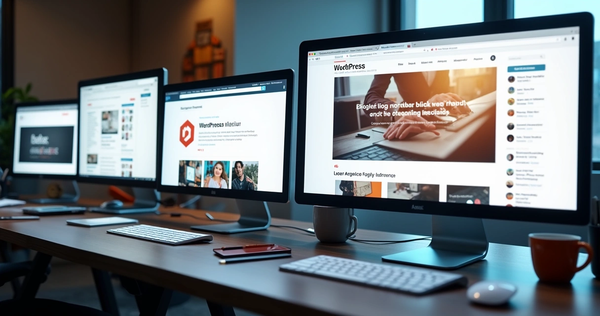 Diferentes telas de computador exibindo plataformas de blog como WordPress e Wix 