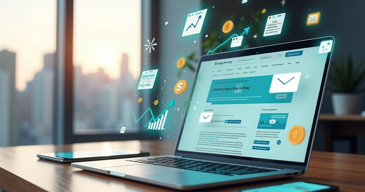 Tela de notebook com painel de criação de blog cercado por ícones de plataformas e gráficos de monetização 