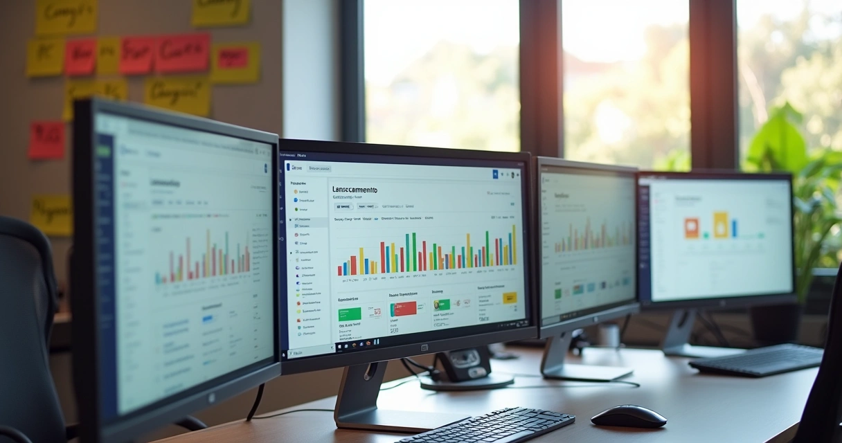 Diversas telas de computador mostrando painéis de plataformas como Google Ads e Meta Ads, com gráficos e análises de desempenho em destaque. 