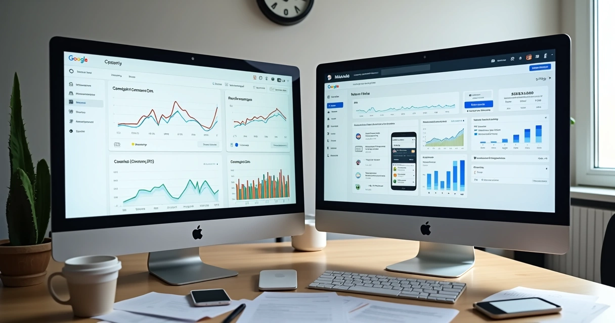 Computadores mostrando interfaces de Google Ads e Meta Ads, lado a lado 