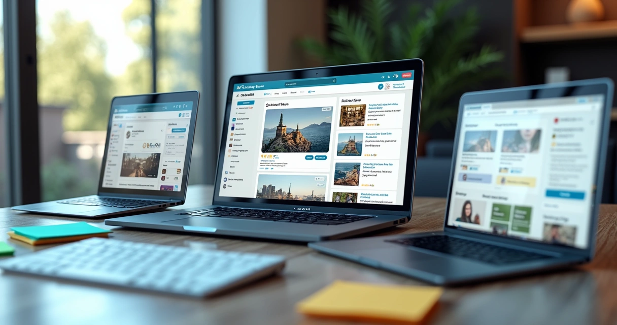 Interface de diferentes plataformas de comunidade em telas de notebook
