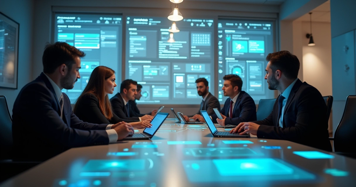 Advogados usando laptops e tablets em uma mesa com interface digital visível 