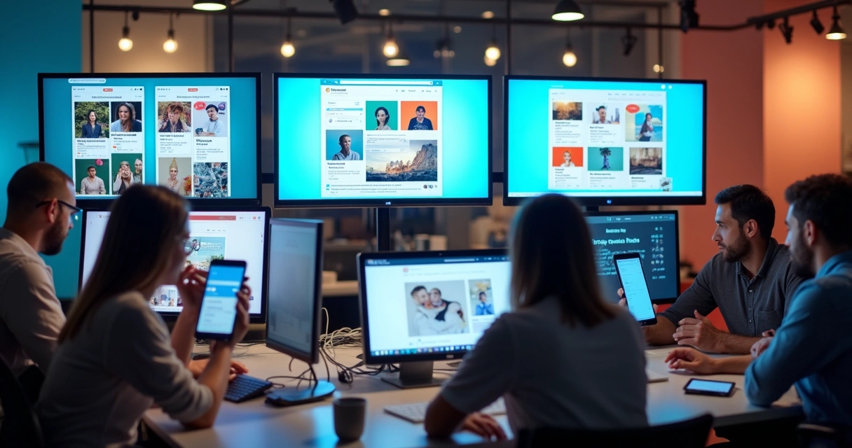 Várias telas digitais mostrando diferentes redes sociais e formatos de anúncios 