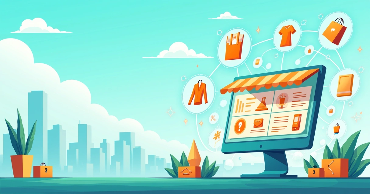 Ilustração de um marketplace digital com produtos variados flutuando e conectados por linhas, representando dropshipping.
