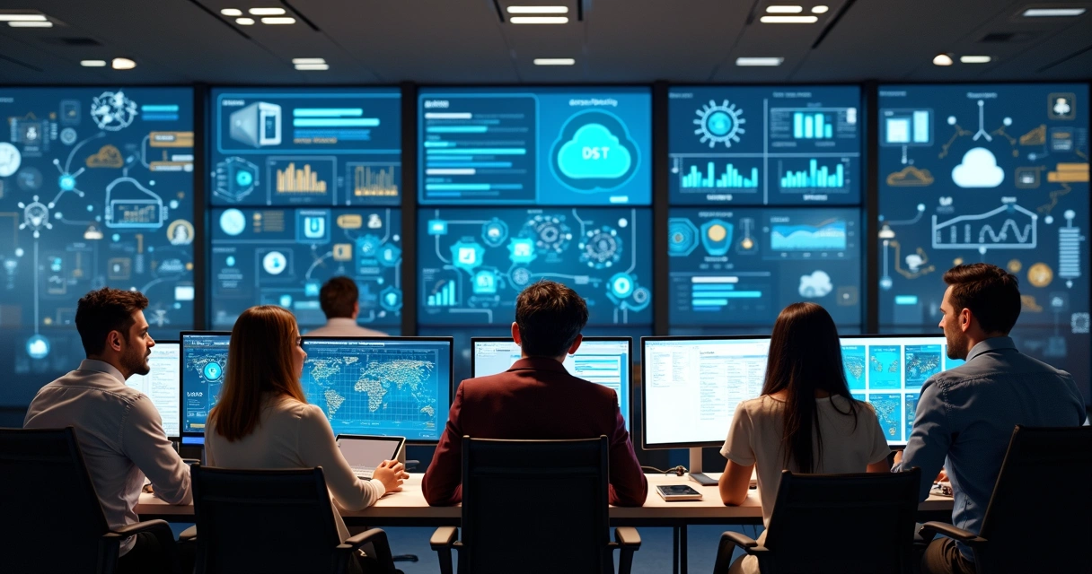 Equipe usando diferentes plataformas digitais em empresa moderna 