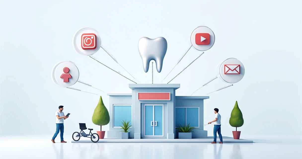 Diversas plataformas digitais como Instagram, YouTube, blog e newsletter conectando clínica odontológica a pacientes