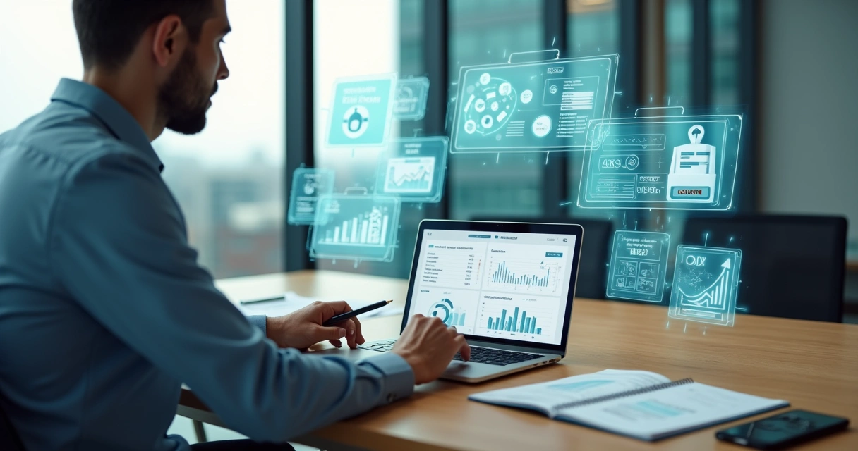 Empresário analisando diferentes plataformas de ecommerce em telas digitais 