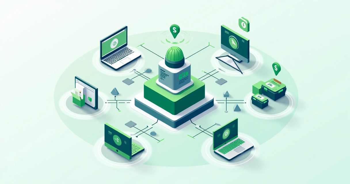 Ilustração de plataformas de e-commerce conectadas a sistema de pagamentos 