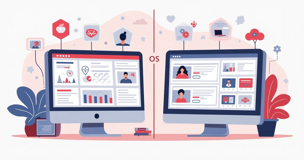 Ilustração corporativa mostrando comparação das áreas de membros de plataformas de cursos online com gráficos e telas de computador 