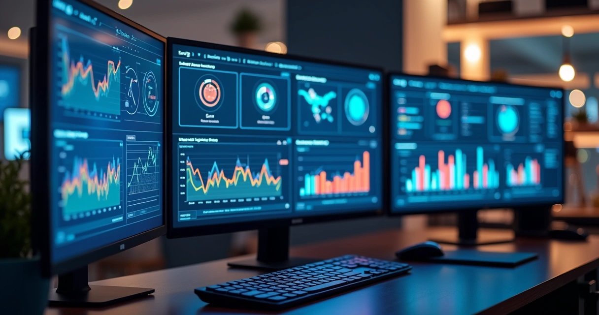 Tela de computador exibindo dashboards de plataformas de gestão de crédito com gráficos, dados financeiros e ícones tecnológicos 