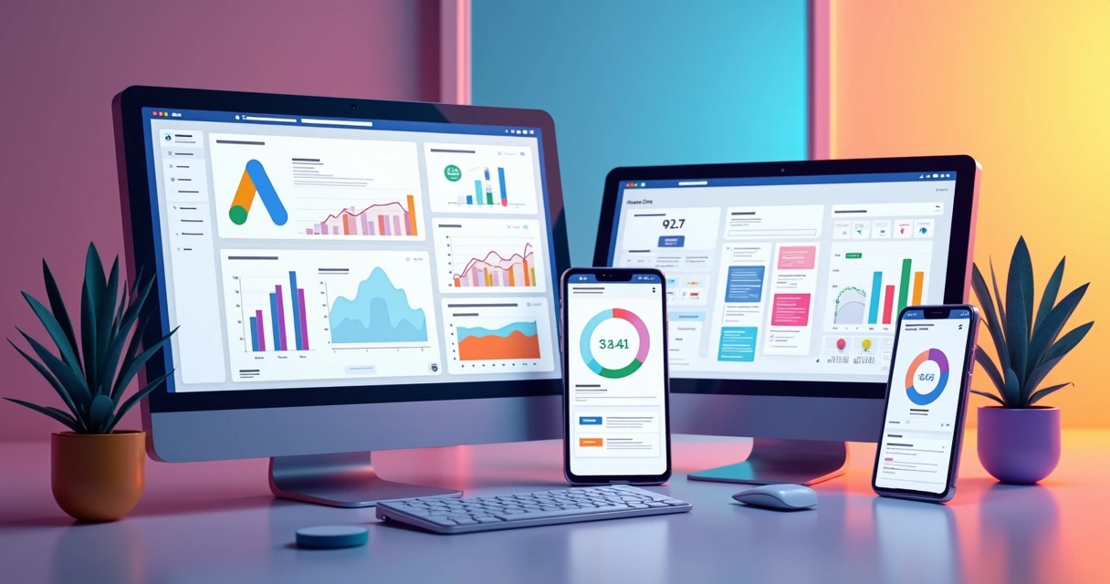 Ilustrações de telas com logotipos do Google Ads, Meta Ads e TikTok Ads lado a lado 