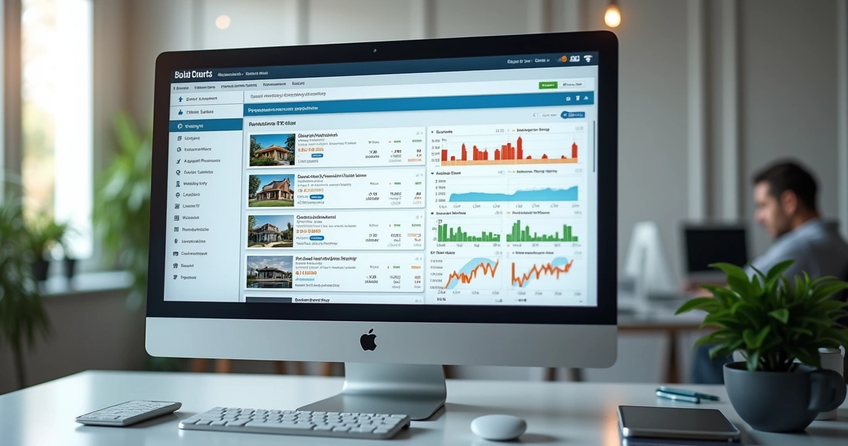 Tela de computador exibindo plataformas online de imóveis de leilão com gráficos, filtros e listas de propriedades 