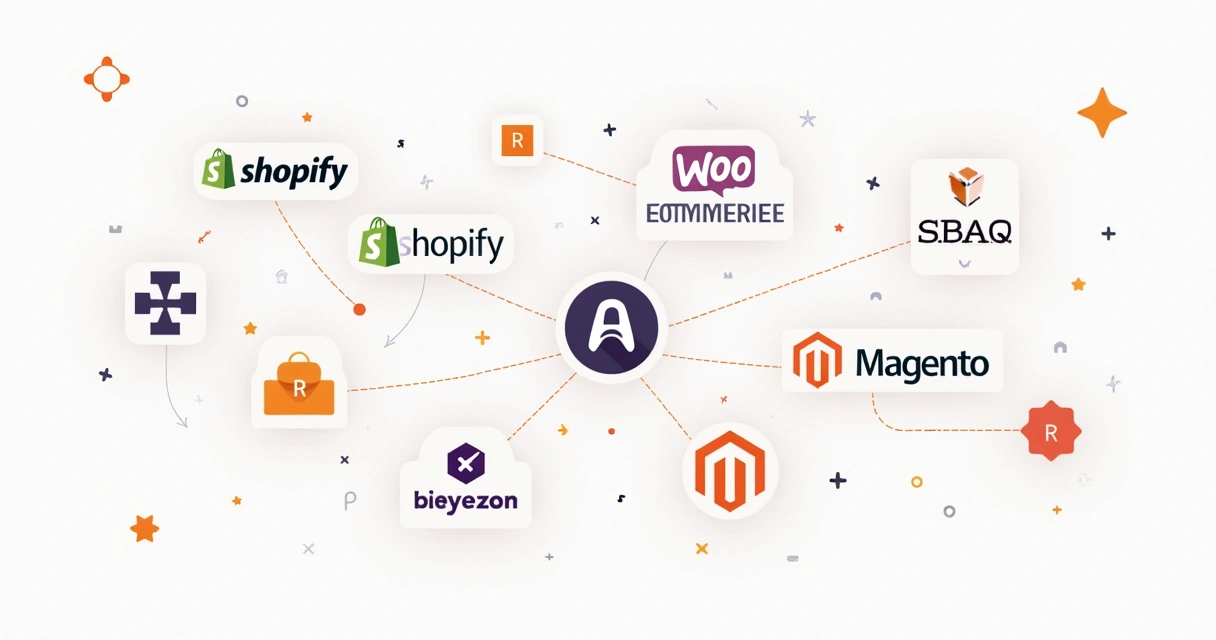 Ícones de diversas plataformas de e-commerce e infoprodutos em fundo claro, dispostos em rede. 