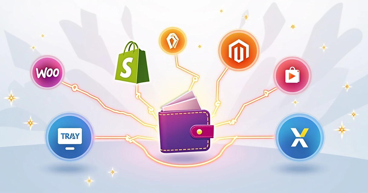 Ilustrações de softwares de e-commerce conectados com uma carteira digital 
